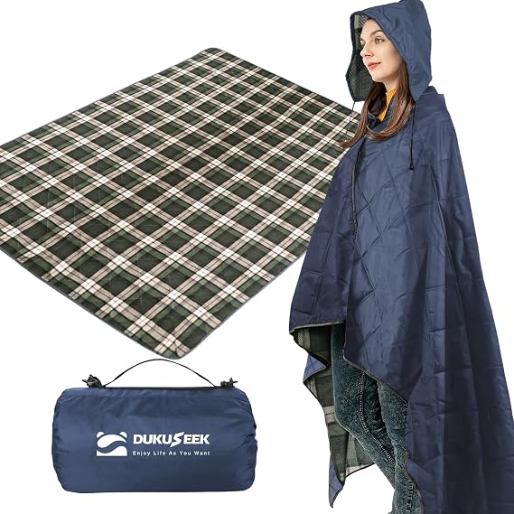 DUKUSEEK Large Outdoor Blanket, Camping Blankets for Cold Weather, Waterproof Windproof Hooded Stadium Blanket 79"x59" Quilted with Extra Thick Fleece, Great for Camping, Picnic, Beach, Car, Dogs