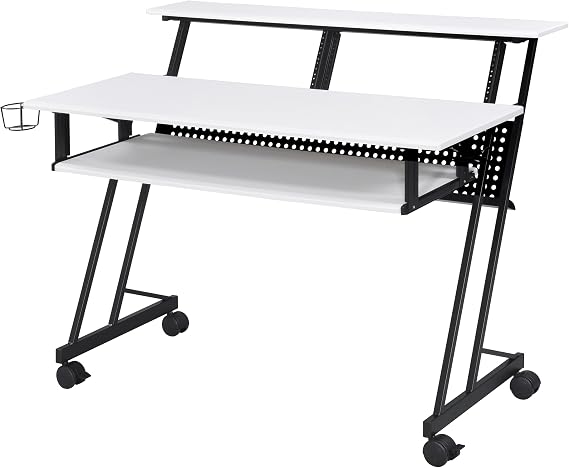 White and Black Music Recording Studio Desk with Metal Base