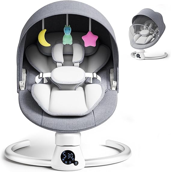 Electric Baby Swing with Remote & APP Control, 5 Swing Speeds, 3 Timers, 11 Music Built-in, Baby Bouncer with 5-Point Harness, Removable Canopy, 2 Positions Adjustable Backrest, 2 Power Options-Grey