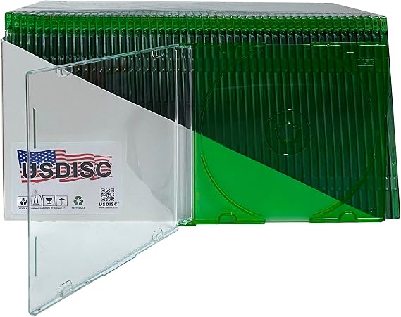 USDISC CD Jewel Cases Slimline 5.2mm, Single 1 Disc, Clear Green, Pack of 10