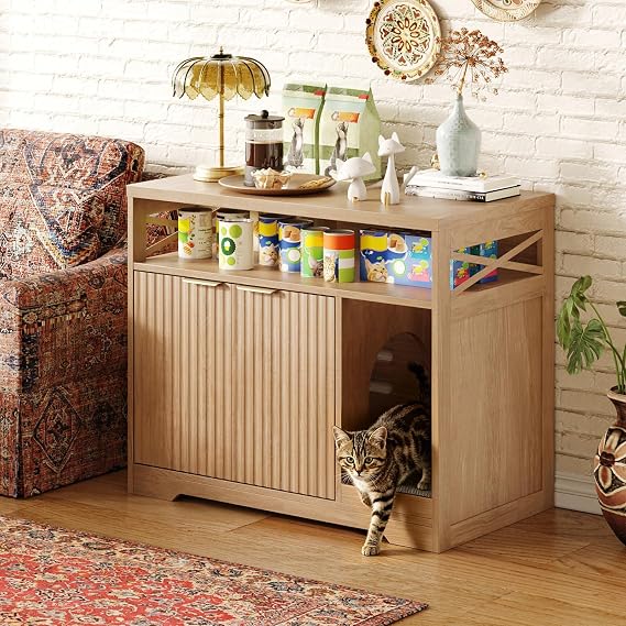Halitaa Cat Litter Box Enclosure, Farmhouse Wooden Cat House, Oak | Hidden Litter Box Furniture with Storage Cabinet & Scratch Pad, 2-Tier Indoor Cat Cabinet for Living Room, Hallway, Washroom