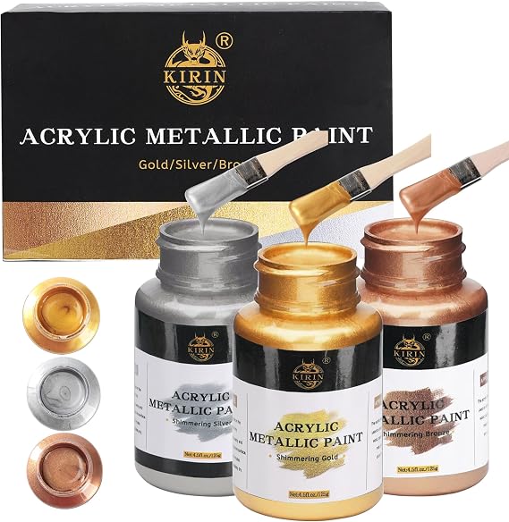 KIRIN Acrylic Paint Metallic, Metallic Gold & Silver & Bronze, Gold Leaf Paint for Art Painting Handcrafts, Idea Paints for Fabric Furniture Wood Clay Canvas Craft Supplies (3Pcs, 125g/Bottle)