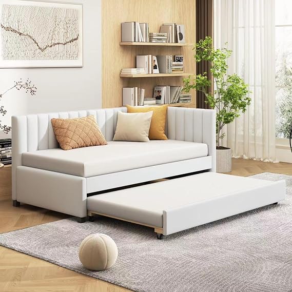 Upholstered Daybed with Trundle Twin Size Sofa Bed Frame No Box Spring Needed, Linen Fabric(Beige)