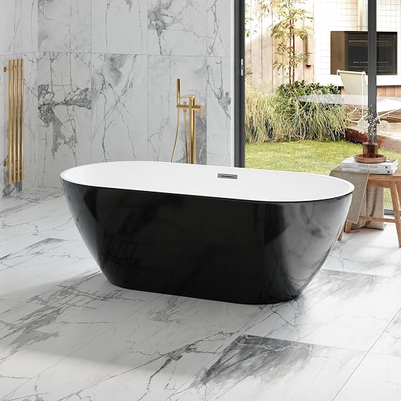 Free Standing Tubs 59, Acrylic 59 Inch Freestanding Bathtub Black and White Stand Alone Soaking Tub, Bathtub Freestanding 59 for Guest or Family Bathroom