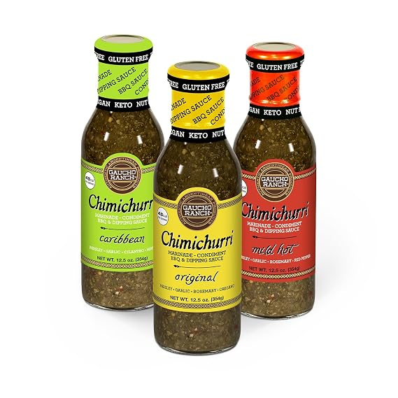 Gaucho Ranch Chimichurri Sauce Bundle Contains Original Chimichurri, Mild Hot & Caribbean Chimichurri Seasoning, Only 45 Cal Per Serving, Vegan, Nut-Free, Gluten-Free, 12.5oz each
