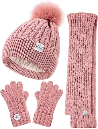 Kids Winter Hat Gloves Scarf Set,Girls Toddler Winter Hat Beanies with Pom Neck Warmer Gaiter Mittens Fleece Lined Set Christmas Gift for KidsPink