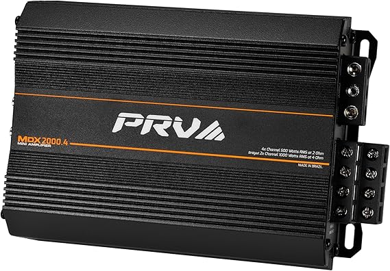 PRV Audio MDX2000.4 2 Ohm Mini 4 Channel Car Audio Amplifier 4 x 500 Watts RMS at 2 Ohm - 2000 Watt 12 Volts Bridgeable Amp for Powersports, Motorcycles, ATV, for High Power Stereo Speaker Systems