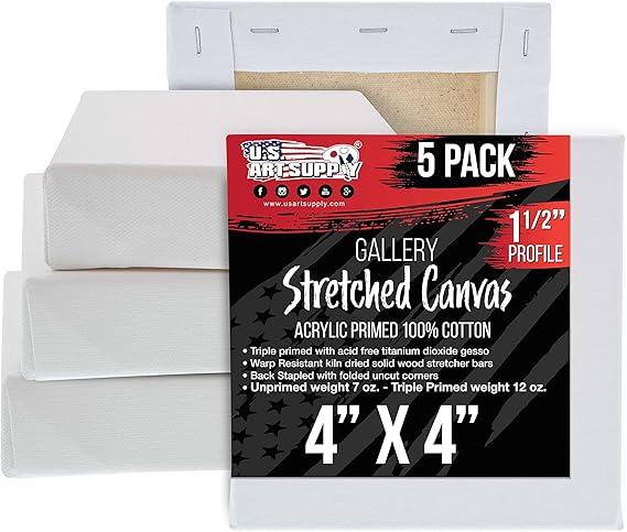 U.S. Art Supply 5-Pack Bulk Stretched Canvas for Painting 4 x 4 inch, Gallery Depth 1-1/2" Profile - 12oz Acrylic Gesso Triple Primed, Professional Artist Quality, 100% Cotton - Oil, Pouring Paint