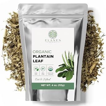 Elanen Naturals Organic Plantain Leaf 4 oz. 113g, USDA Certified Organic Dried Broadleaf Plantain Tea, Dried Plaintain Herb, Cut & Sifted