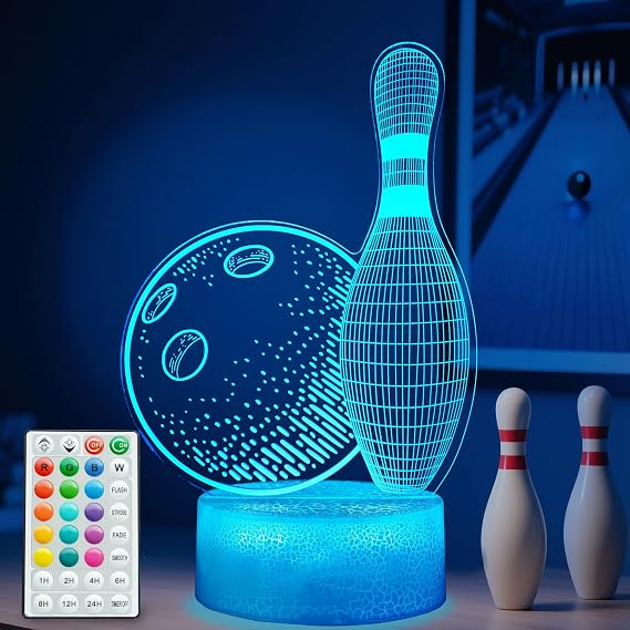 Bowling Night Light, Bowling Gifts 3D Illusion Lamp with 16 Colors Changing, Timer, 4 Flash Modes and Dimmable, Kids Boys Girls Room Decoration, Holiday Xmas Gifts