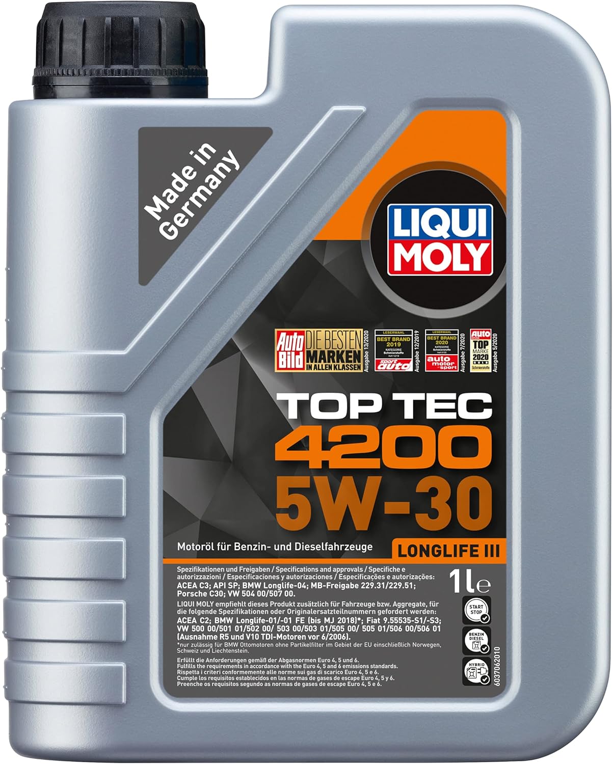 LIQUIMOLY Engine Oil Top Tec 4200 Long Life III 5W30, BMW, MB, VWAUDI, PORSCHE Approved, 1 L, Hydrogen Decomposition Synthetic Oil, Suitable for Both GasolineDiesel, 20903