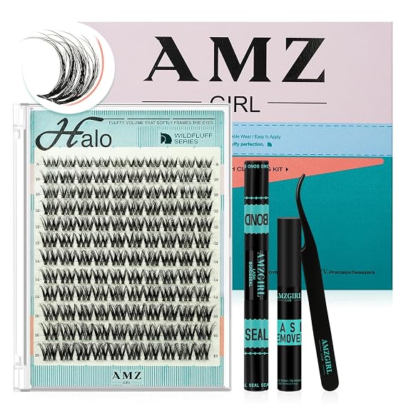 AMZGIRL WildFluff Lash Clusters Kit Ultra Airy 3D Fluffy Effect, Halo | DD Curl Cluster Lashes with Invisible Band, Natural Wispy Lash Look, 8-18mm Eyelashes with Reusable Design for Daily Wear