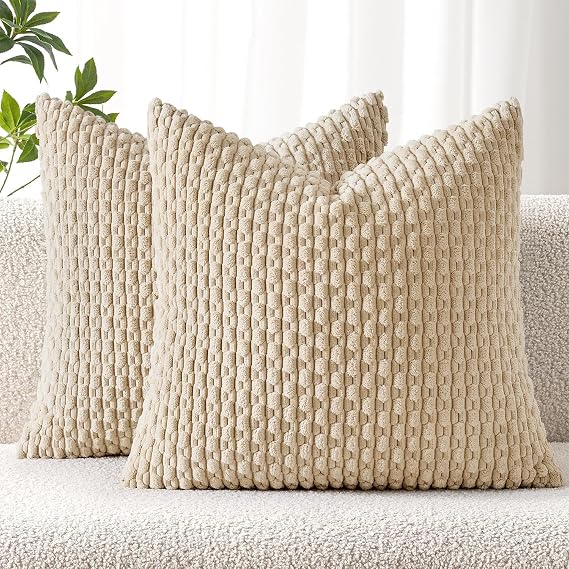 MIULEE Decorative Throw Pillow Covers 16x16 Beige Textured Corduroy | Pack of 2 Striped Pillow Covers Modern Farmhouse Home Decor for Couch Bed Sofa Living Room