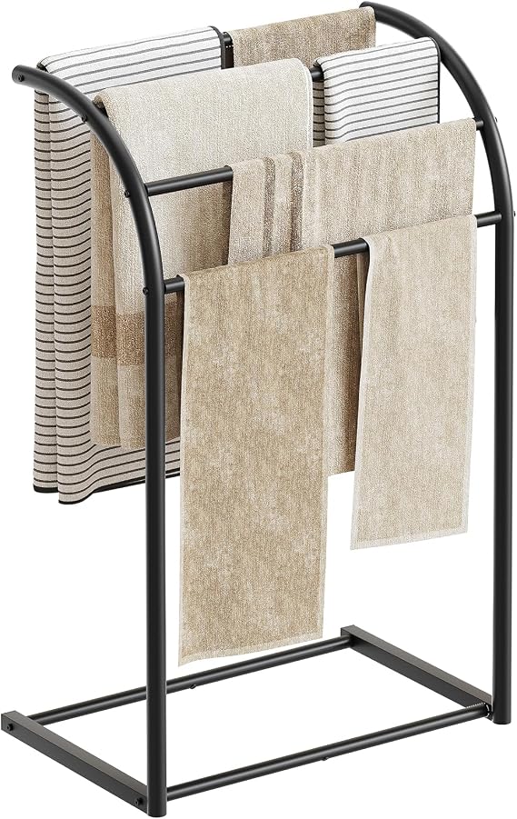 YATINEY Free Standing Towel Rack, 4-Tier Blanket Rack for Bathroom, Pool Towel Stand Display and Drying Rack, Modern Towel Blanket Storage Organizer, Black CJ07BK
