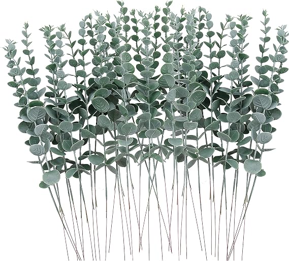 FEQO 36 Pcs Green Artificial Eucalyptus Stems 15" Faux Eucalyptus Branches | Artificial Eucalyptus Stems, Faux Eucalyptus Stems Fake Eucalyptus Branches Made of Plastic for Wedding Bouquet Home Decor