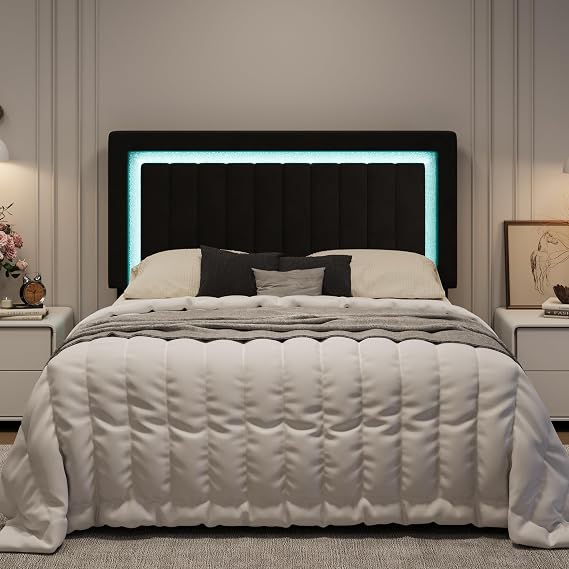 SHA CERLIN Full Size Velvet Bed Frame with LED Light, Black | Adjustable Vertical Channel Tufted Headboard, Strong Wooden Slats Support, Noise-Free, No Box Spring Needed