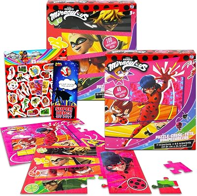 Miraculous Ladybug Puzzle 2 Pack for Kids - Bundle with 2 Cartoon Puzzles 48 and 100 Piece Plus Stickers | Miraculous Ladybug Toys for Boys, Girls