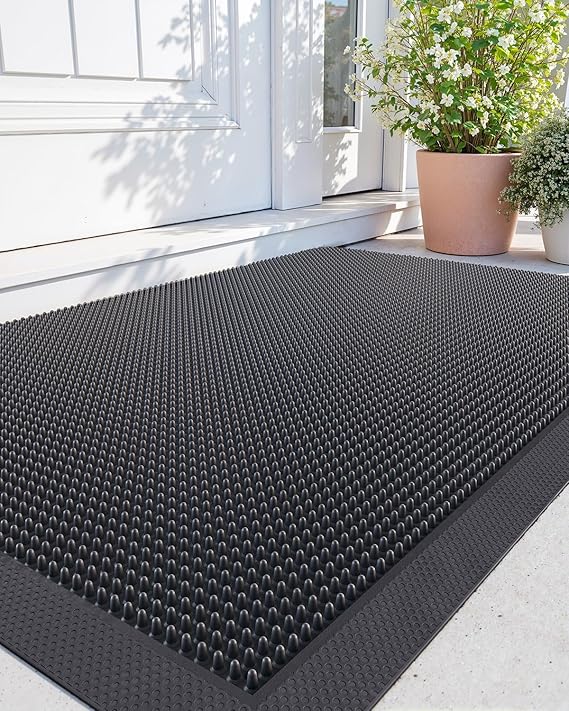 DEXI Door Mat Outside Entrance 24x36, Heavy Duty Rubber Doormats, Black | Non-Slip Low-Profile, Traps Dirt Outdoor Mat, All Weather Waterproof with Drainage Holes, Fits Entryway & Patio