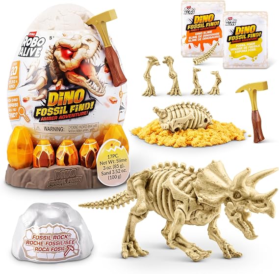 Robo Alive Fossil Find Amber Adventure Triceratops by ZURU, Surprise Unboxing and Dinosaur Toy for Boys