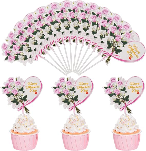 12 Pieces Happy Mother's Day Cake Toppers Flower Cupcake Topper for Mother's Day Birthday Cake Decoration Party Supplies (Style 2)