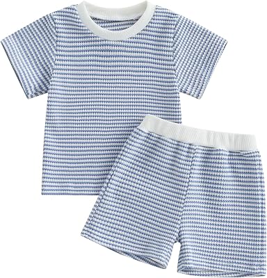 VISGOGO Boy Boy Girls Toddler Summer Outfit Striped T-shirt Toddler Boy Summer Clothes 6 12 18 Months 2 3 4 5 T Short Set