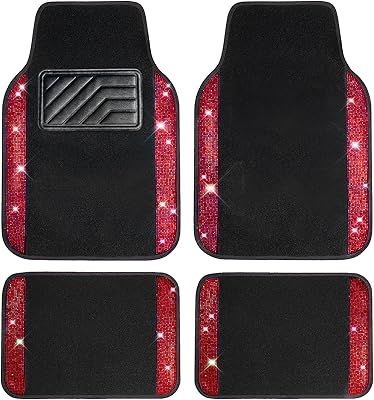 CAR PASS Bling Diamond Car Floor Mats, Shining Rhinestone Carpet Sparkly Glitter Crystal with Anti-Slip PVC Heel Pad Waterproof Universal Fit Automotive SUV,Sedan,Van,Cute Girl Women,4pcs Black Red