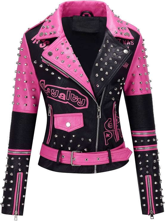 Bellivera Faux Leather Jacket for Women Floral Moto Short Coat | Vegan Spring Fall Belted Streetwear with Punk Graffiti Graphic Print, Notched Studded Lapel, Asymmetrical zip For Concert