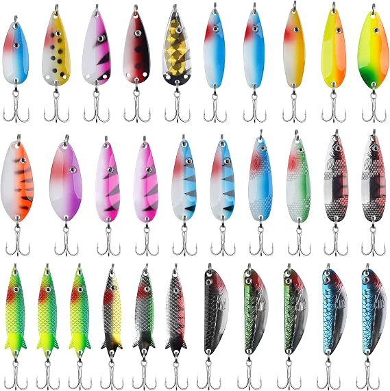 Fishing Spoons Lures Kit,30pcs Hard Metal Fishing Spinner Baits Trout Lures Casting Trolling Trout Spoons Fishing Lures with Treble Hooks for Bass Salmon Pike Walleye