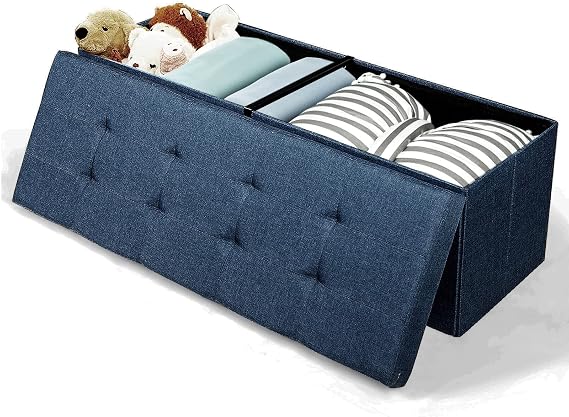 43.5 Folding Storage Ottoman Bench, Storage Chest Box w/Divider, Padded Seat Shoe Bench, Large 120L Fabric Tufted Ottoman w/Storage for Living Room, Bedroom, Entryway (Navy)