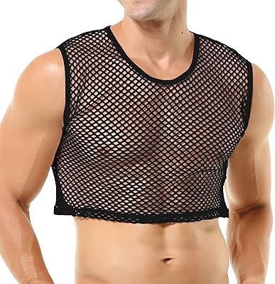 QiaTi Mens Fishnet Shirts Mesh Crop Top See Through Round Neck Short Sleeve Sexy Muscle Tee for Men