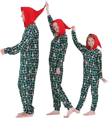YEAXLUD Matching Family Pajamas Christmas Onesie Jumpsuit Zipper Soft PJs Cute One Piece Printed Xmas SleepwearGreen Plaid Santa Onesie Pjs-Men-S