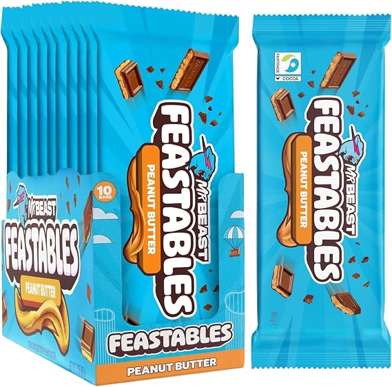 Feastables MrBeast Peanut Butter Chocolate Bar, 60g Each, Pack of 10, Creamy Peanut Butter in Milk Chocolate, Great Gift for Chocolate Lovers