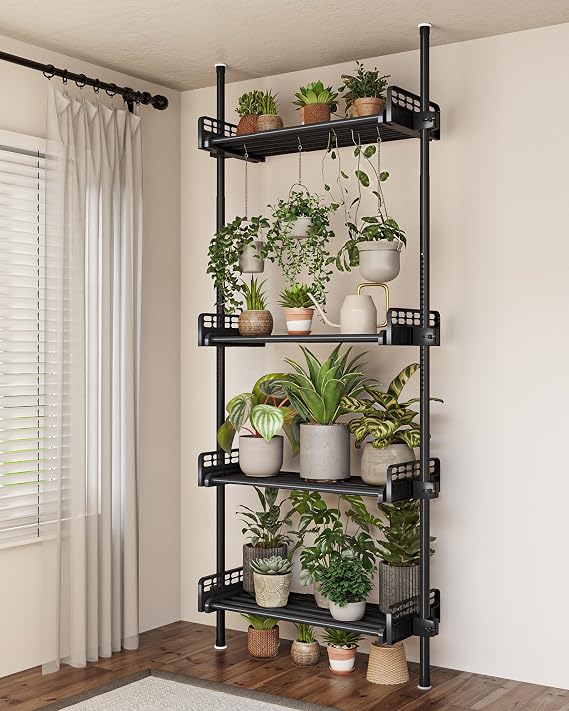 Bamworld Tension Rod Plant Stand Adjustable Hanging Plant Shelf Indoor