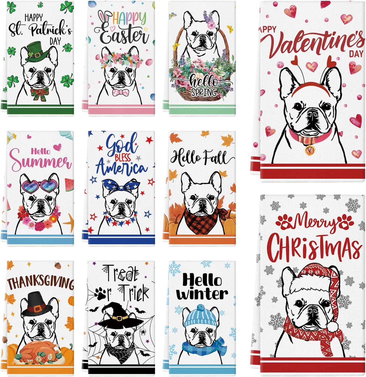 11 Pcs French Bulldog Kitchen Towels 14x21 Inch Puppy Dog Dish Towels Seasonal Valentines Day Gift Holiday Hand Towels for Home Kitchen Bathroom Decoration