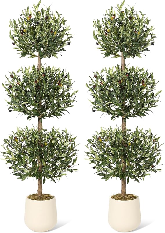 2 Pcs Artificial Olive Tree, 5FT Tall Olive Trees Artificial Indoor, Fake Olive Tree with Planter, 3-Tier Spherical Design Faux Olive Tree for Home Office Decor