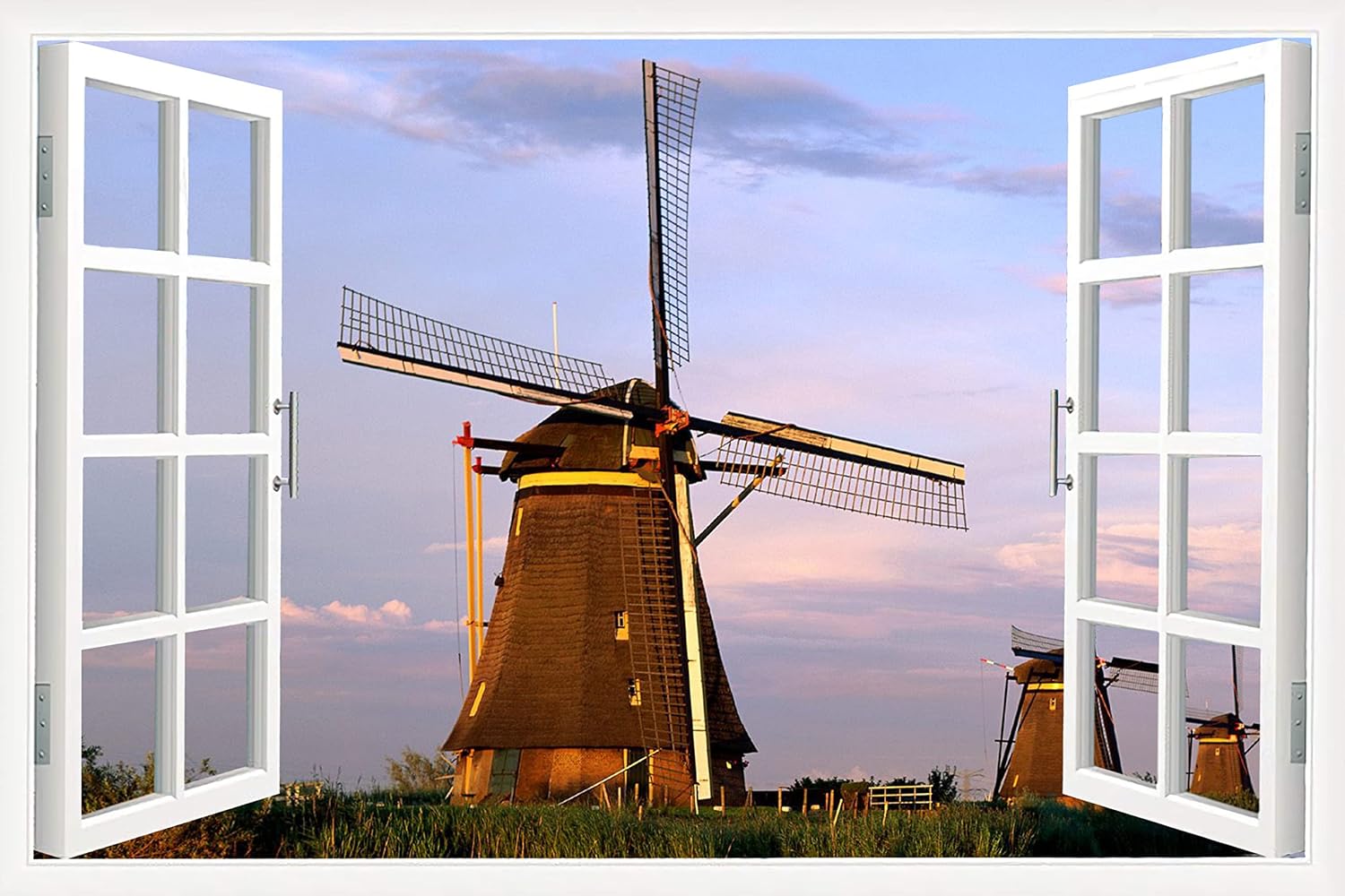 TISHIRON 3D Window View Dutch Windmills Canvas Art Landscape Photography Nature Large Wall Art Gallery Wrapped Canvas Prints Decor Posters for Living Room Framed Ready to Hang - 36" W x 24" H
