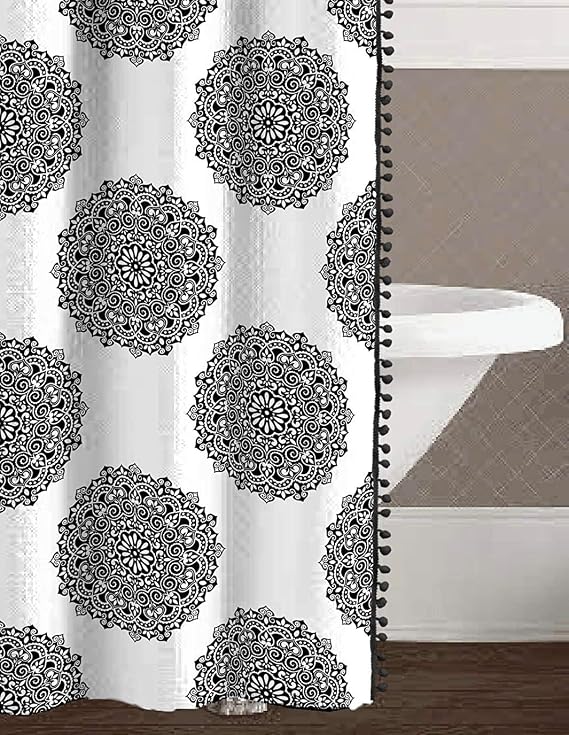 Serafina Home Black White Bathroom Fabric Shower Curtain: Luxury Floral Medallions Elegant Bohemian Style Design with Black Pom Pom Side Fringe