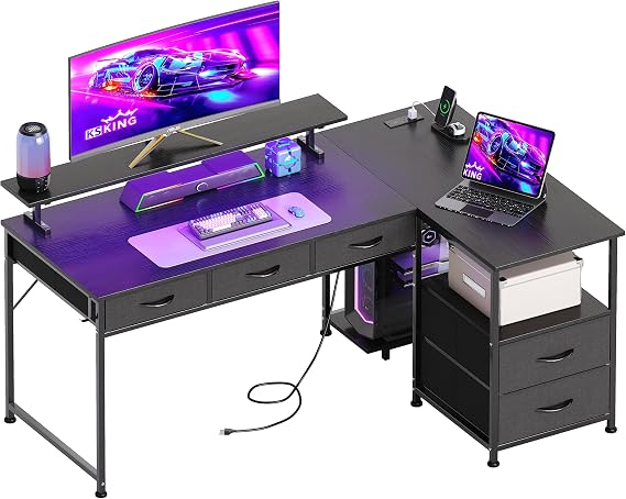 140cm Large Gaming Desk with 5 Fabric Drawers, Home Office Work Desk with Power Outlets & Monitor Stand, L Shaped Computer Desk with CPU Stand, Reversible Wooden Corner Desk, Black