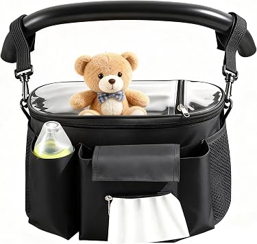 Stroller Organizer with Insulated Cup Holders - Universal Stroller Caddy Bag Fits for Uppababy, Baby Jogger, Nuna - Detachable Shoulder Strap & Large Storage for Diapers, Wipes (Black)