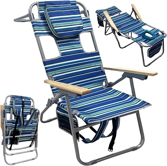 16" Heavy Duty Tall Beach Tanning Chair with Camping Stool for Adults, 5-Position Folding Backpack Beach Chair with Face Hole 265LBS Stripe