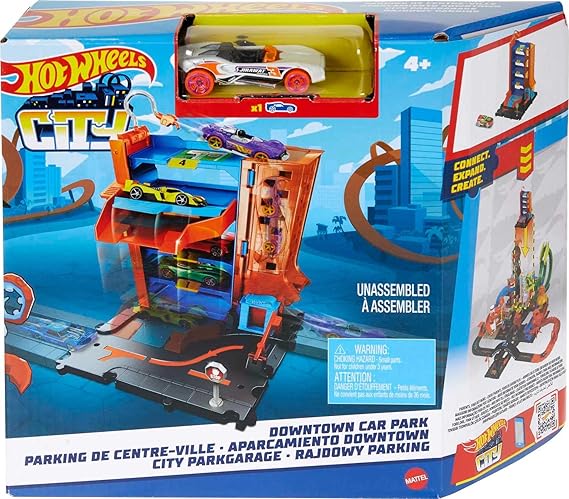 Hot Wheels City Toy Car Track Set, Downtown Car Park Playset with 1:64 Scale Vehicle, 4 Levels, Working Lift & Exit Chute