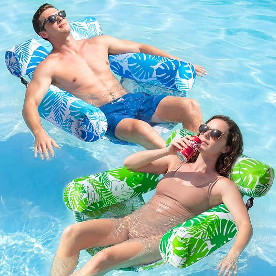 FindUWill Pool Floats Chairs Adult, 2 Pack Inflatable Floating Lounge Chairs, Heavy Duty Pool Noodles Chair, Blow Up Pool Floaties for Summer Party (Green & Blue)