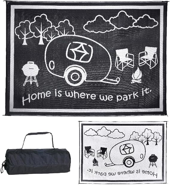 Stylish Camping Ming's Mark RH8111 Reversible RV Home Mat - 8' x 11', Black/White