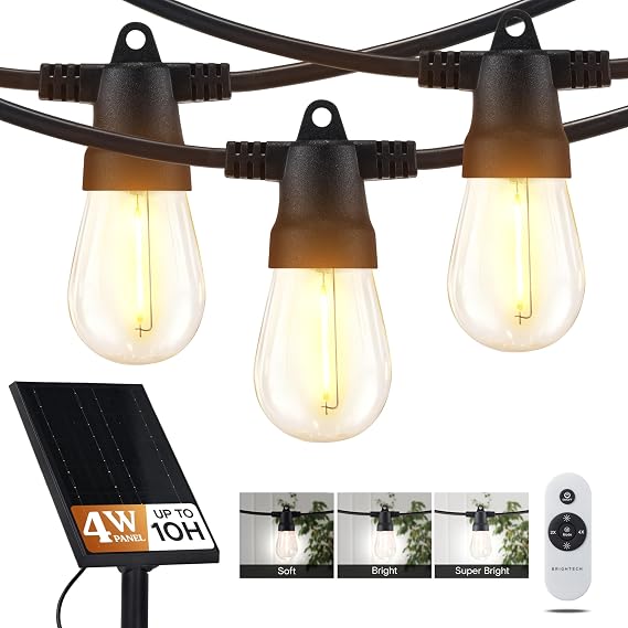 Brightech Ambience Pro Super Bright Solar - 27Ft Remote Control Outdoor String Lights with 12 Shatterproof S14 Bulbs, Commercial Grade LED, Waterproof Patio Lights, 4W Soft White for Patio, Garden