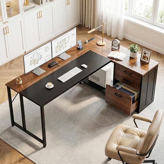 AODK 61" L Shaped Office Desk, Wood Drawers & Lockable File Cabinet, Walnut | Reversible, 21.7" Deep Desktop, 3 Outlets & 2 USB Ports, Engineered Wood & Steel Frame, Legal Storage