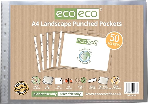 eco-eco A4 100% Recycled Landscape Multi Punched Pockets Glass Clear, Transparent Poly Wallet Sheet Protector, 45 Microns (Pack of 50), eco145