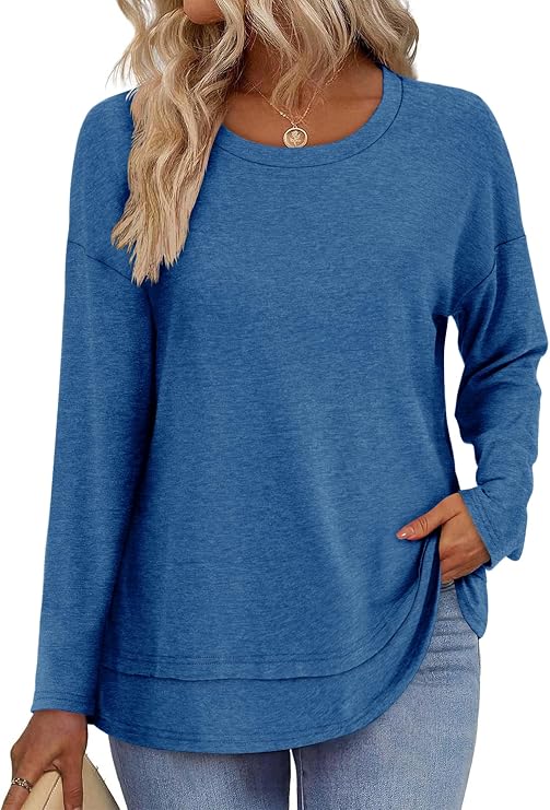 Womens Long Sleeve T-Shirts Solid Color Loose Fit Cute Basic Flowy Tops Spring Fall Casual Blouse