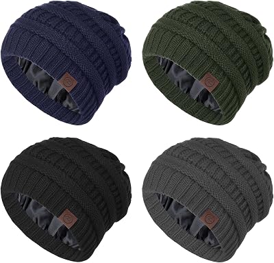 Zando 4 Pack Satin Lined Beanie for Women Men Teen - Warm Slouchy Winter Beanie Hats Sleep Cancer Knit Skull Cap