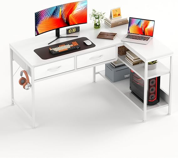 CAIYUN L Shaped Computer Desk with 2 Drawers, 100CM Office Corner Desk with 2 Storage Shelves, Working Table Study Table for Home Office Desk, White