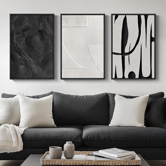 Framed Black and White Modern Abstract Wall Art set, 3 Piece Canvas Prints | Modern Pictures, Black and White Artwork for Walls , Minimalist Canvas Prints, Bedroom Office Paintings Wall Decor,16x24 Inch